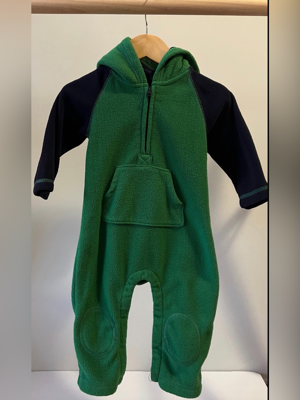 GAP Green Dino Fleece One-Piece with Navy Sleeves 12-18M